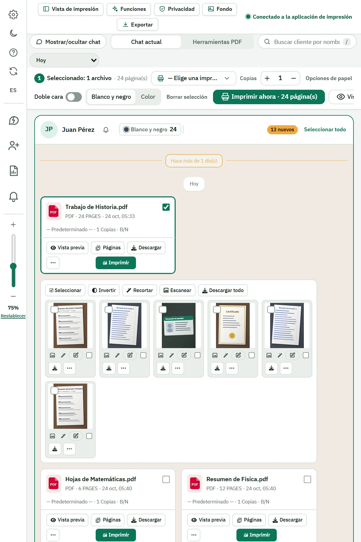 Smart Print Assistant en español con un PDF seleccionado, un grupo de imágenes y el botón Imprimir ahora